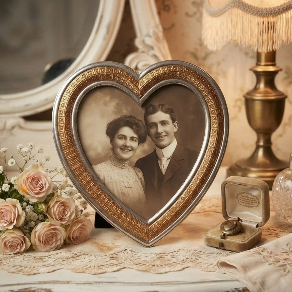 Vintage Sheffield Silver Plate Romantic Ornate Baroque Small Heart Picture Frame